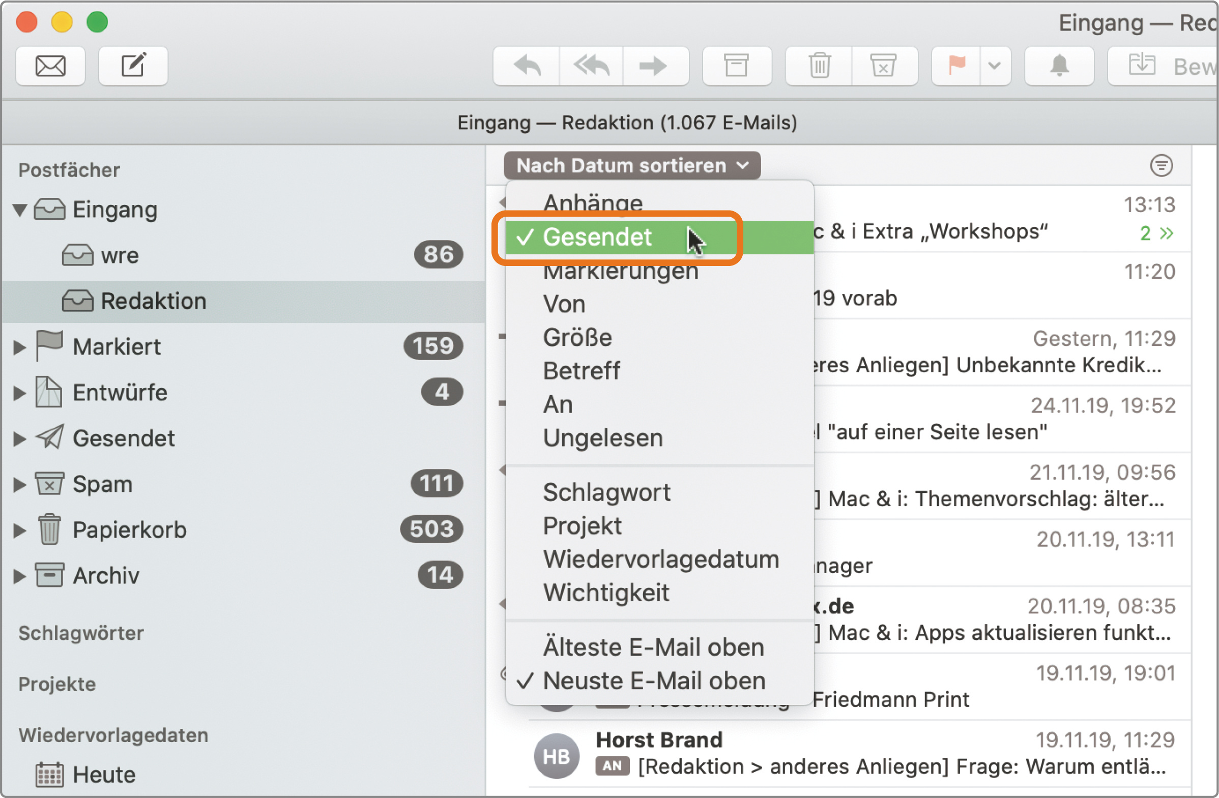 Tipp: E-Mails in Apple Mail nach Sendedatum sortieren | heise online
